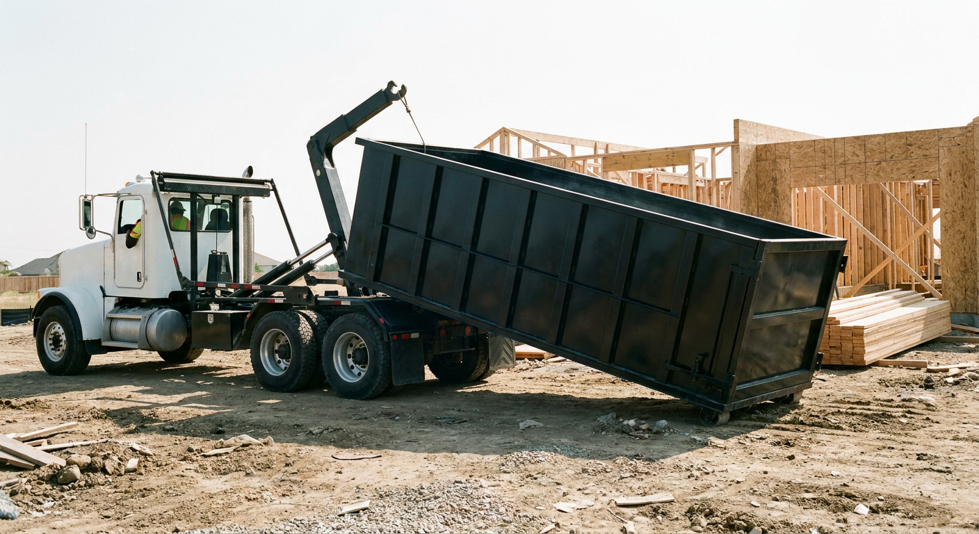 Matte-black roll-off dumpster being delivered onto a clean residential concrete driveway in Chattanooga by an unmarked white hooklift hauler truck, bright morning daylight, documentary 35mm perspective.